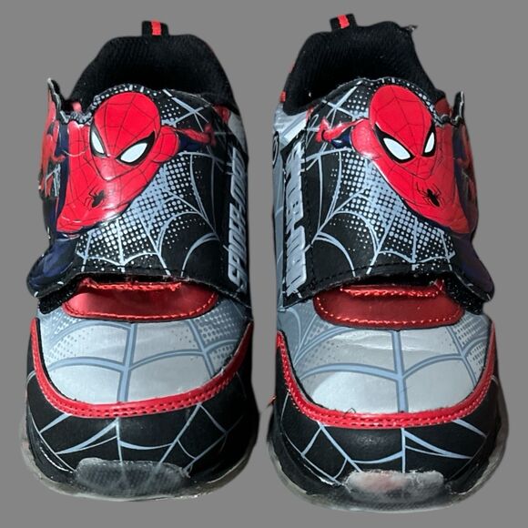 Marvel Spiderman Shoes Boys Size 12 Light Up Hook Loop Black Red - Picture 3 of 6